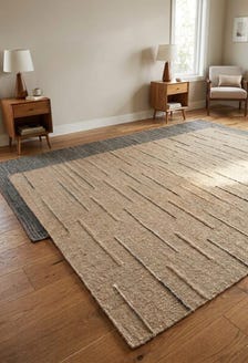 Handloom Wool Area Rug, Textured Linear Pattern, Natural Beige Carpet, Modern Living Room