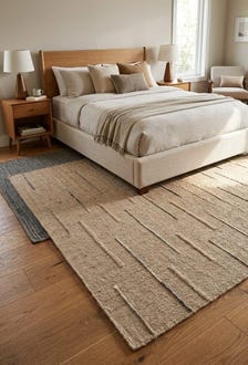 Handloom Wool Area Rug, Textured Linear Pattern, Natural Beige Carpet, Modern Living Room