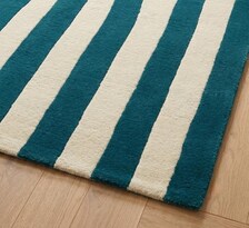 Handloom Striped Teal Blue Cream Area Rug, Modern Geometric Carpet, Minimalist Living Room Bedroom Décor