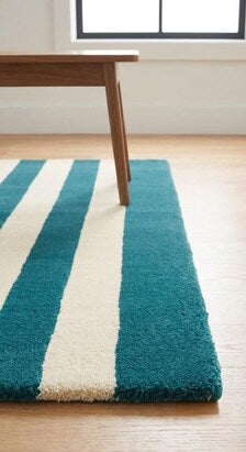 Handloom Striped Teal Blue Cream Area Rug, Modern Geometric Carpet, Minimalist Living Room Bedroom Décor