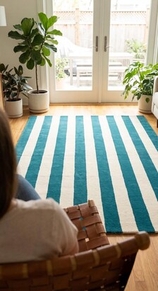 Handloom Striped Teal Blue Cream Area Rug, Modern Geometric Carpet, Minimalist Living Room Bedroom Décor