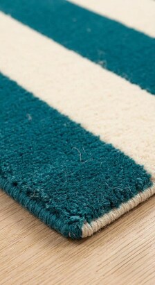 Handloom Striped Teal Blue Cream Area Rug, Modern Geometric Carpet, Minimalist Living Room Bedroom Décor