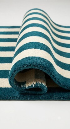 Handloom Striped Teal Blue Cream Area Rug, Modern Geometric Carpet, Minimalist Living Room Bedroom Décor