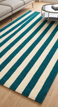 Handloom Striped Teal Blue Cream Area Rug, Modern Geometric Carpet, Minimalist Living Room Bedroom Décor