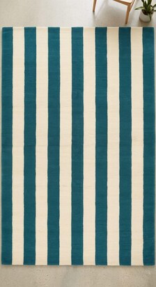 Handloom Striped Teal Blue Cream Area Rug, Modern Geometric Carpet, Minimalist Living Room Bedroom Décor