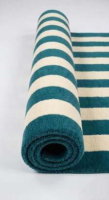 Handloom Striped Teal Blue Cream Area Rug, Modern Geometric Carpet, Minimalist Living Room Bedroom Décor