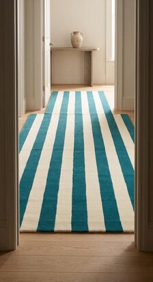 Handloom Striped Teal Blue Cream Area Rug, Modern Geometric Carpet, Minimalist Living Room Bedroom Décor