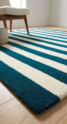 Handloom Striped Teal Blue Cream Area Rug, Modern Geometric Carpet, Minimalist Living Room Bedroom Décor