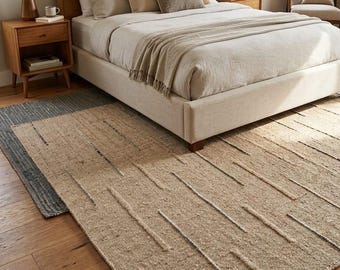 Handloom Wool Area Rug, Textured Linear Pattern, Natural Beige Carpet, Modern Living Room