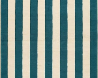 Handloom Striped Teal Blue Cream Area Rug, Modern Geometric Carpet, Minimalist Living Room Bedroom Décor